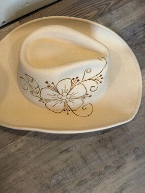 Cream Felt Cowboy Hat with Floral Burned Design